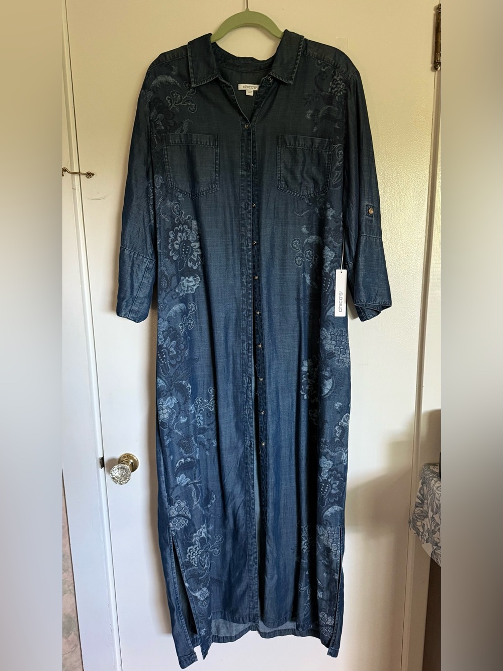 Chico's Dark Blue Floral Maxi Shirt Dress